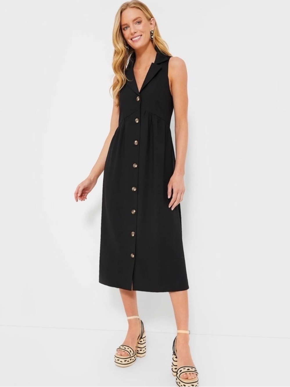 Pomander Place Black Sleeveless Button-Front Midi Dress